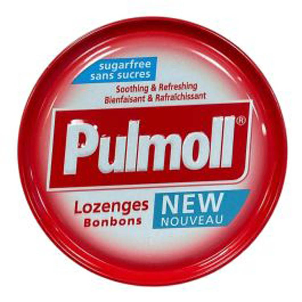 Boîte rouge Pulmoll avec bonbons sans sucre, mention "NEW".
