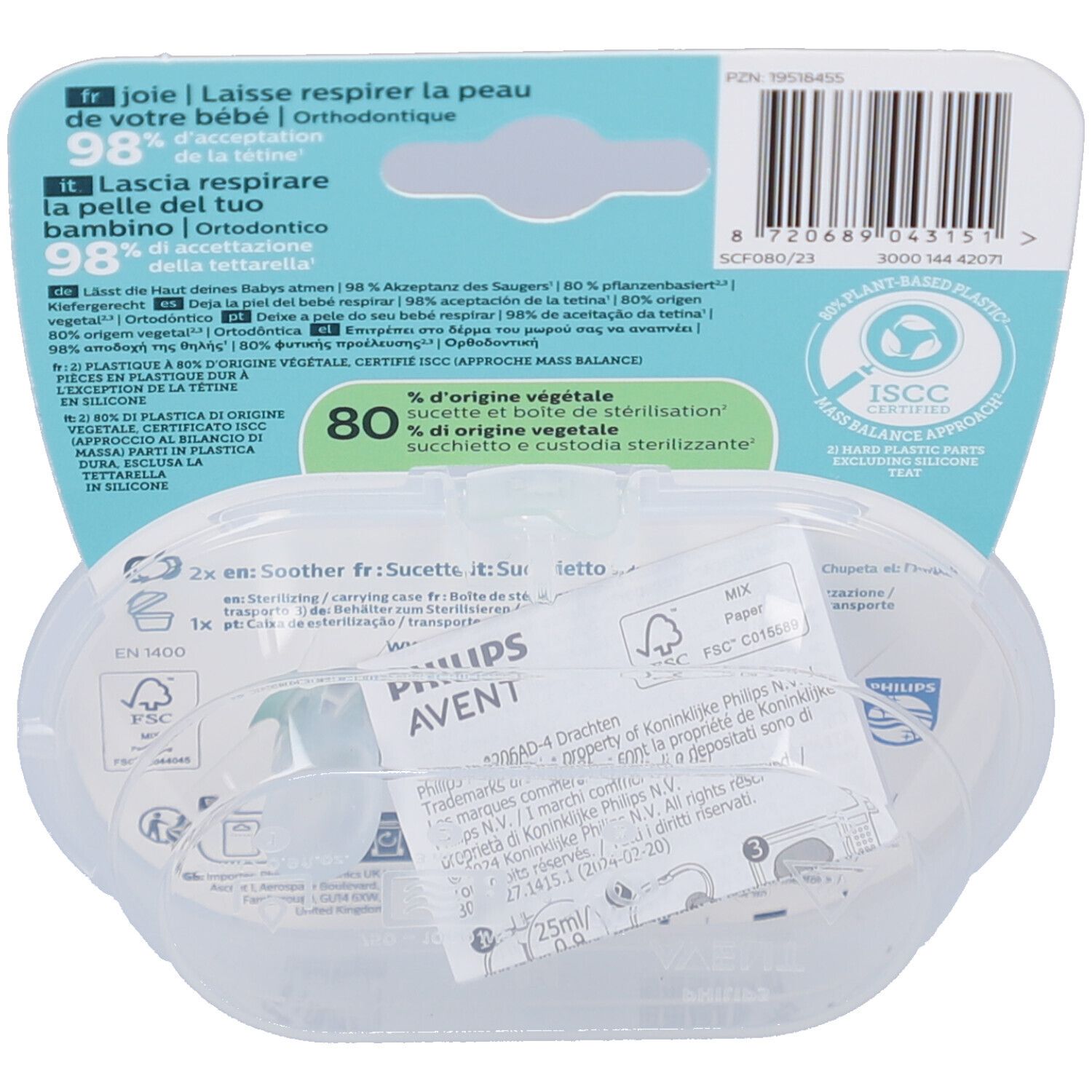 Dos de l'emballage avec informations produit. Étui transparent avec deux sucettes. Texte : Philips Avent, 80% d'origine végétale.