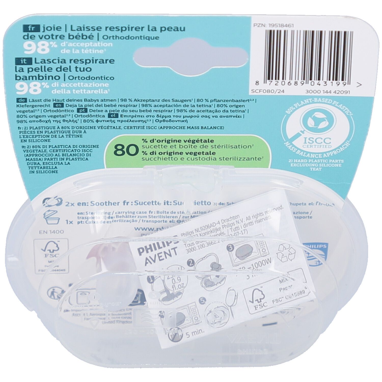 Dos de l'emballage avec informations sur le produit. Étui transparent avec deux sucettes et instructions.