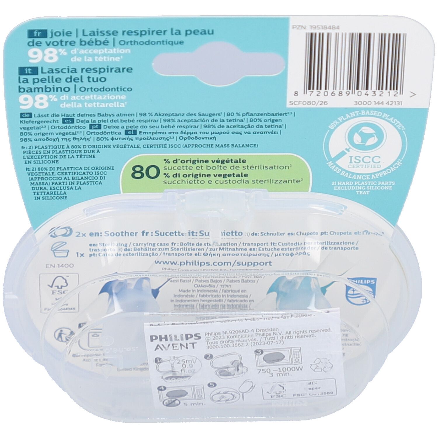 Dos de l'emballage avec informations produit. Texte multilingue. Certifications et logos visibles.