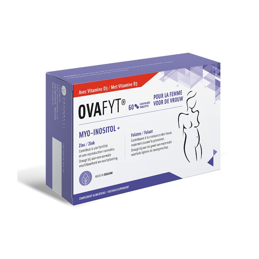 Boîte OvaFyt avec 60 comprimés. Contient de la vitamine D3. Ingrédients : Myo-inositol, zinc, folates. Pour femmes.