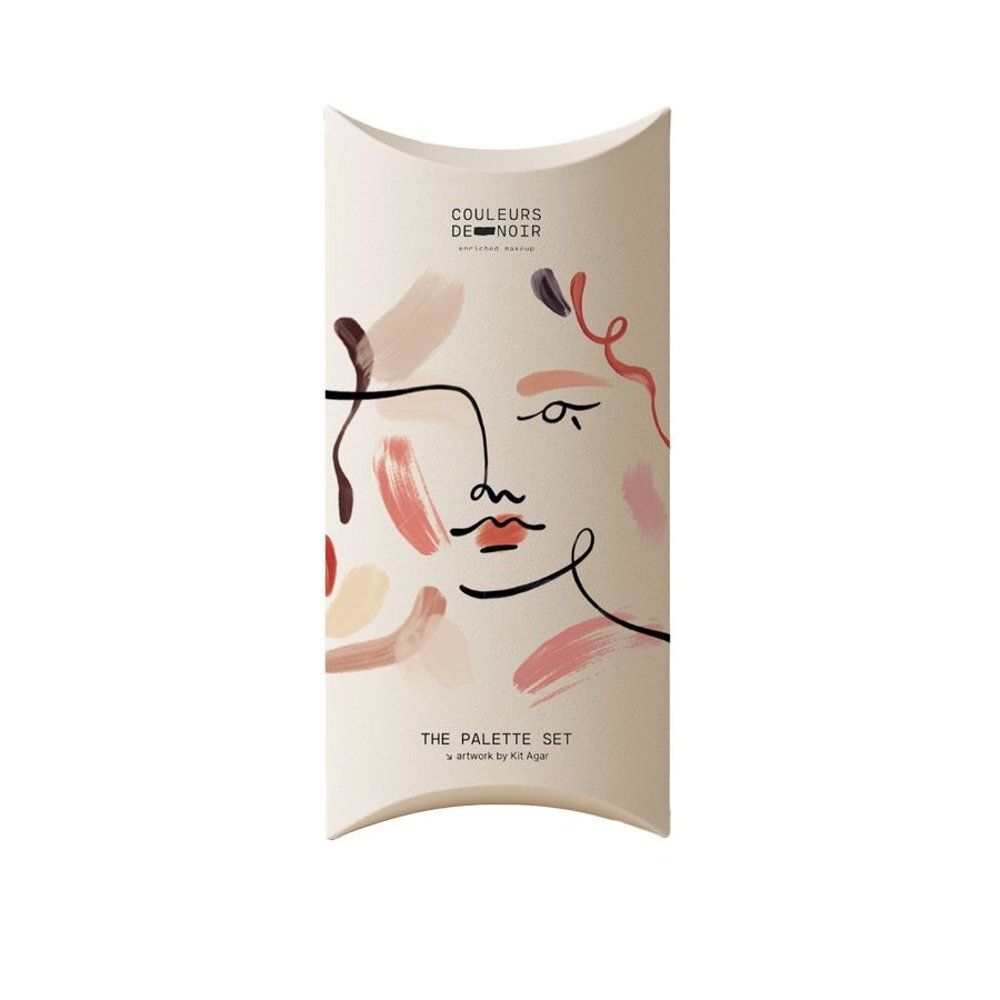 Emballage pour un set de fard à paupières avec un visage abstrait et des touches de couleur.