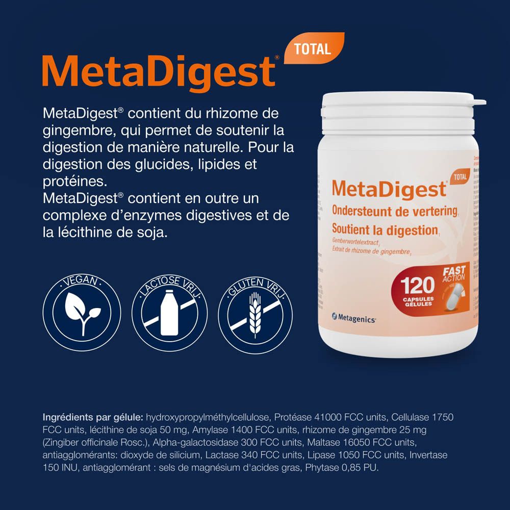 Image du produit avec texte et logos. Texte: MetaDigest, Ondersteunt de vertering, Soutient la digestion. Vegan, sans gluten.
