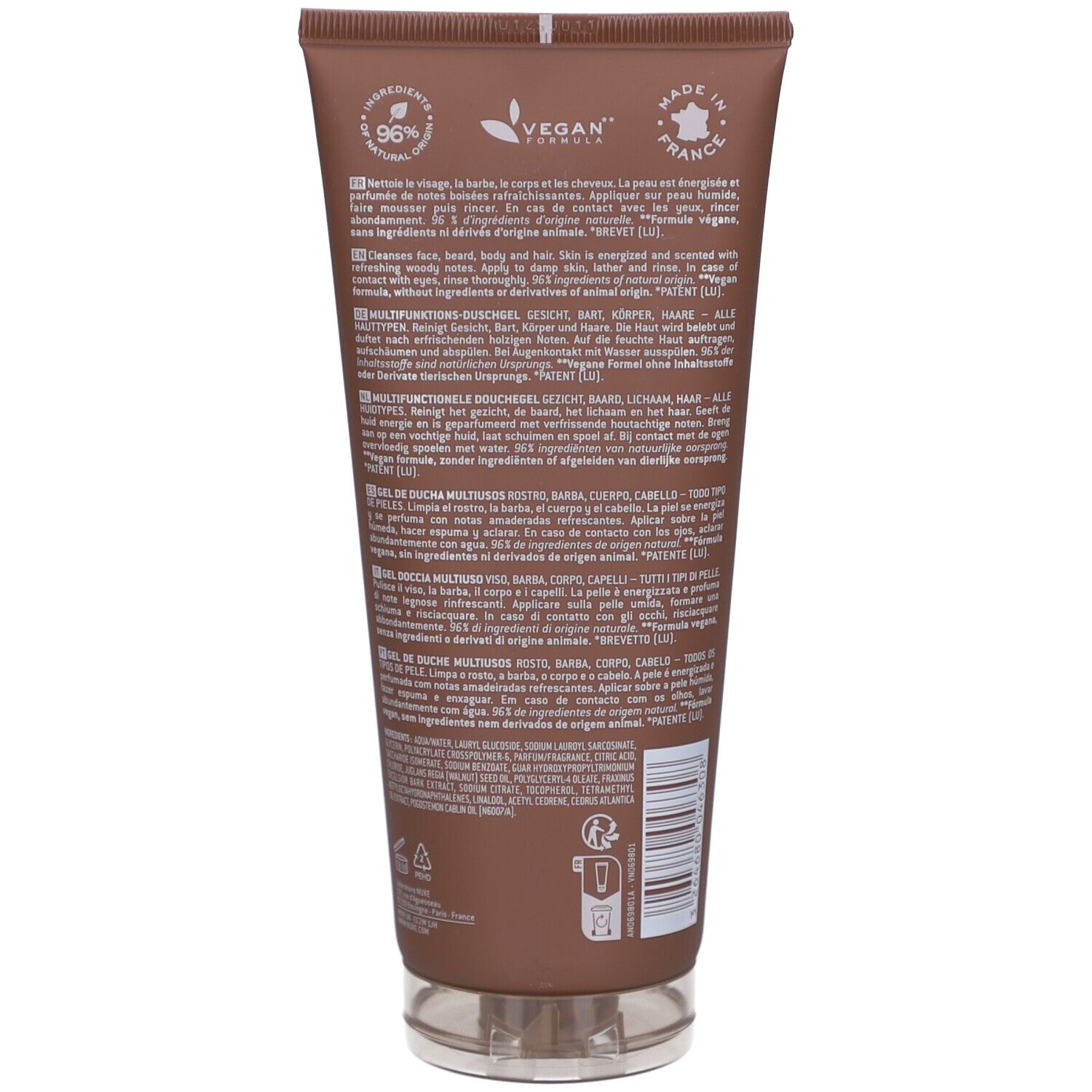 Dos du tube. Texte: Gel Douche Multi-Fonctions. Ingrédients. Logo Vegan. 96% ingrédients d'origine naturelle. Fabriqué en France.