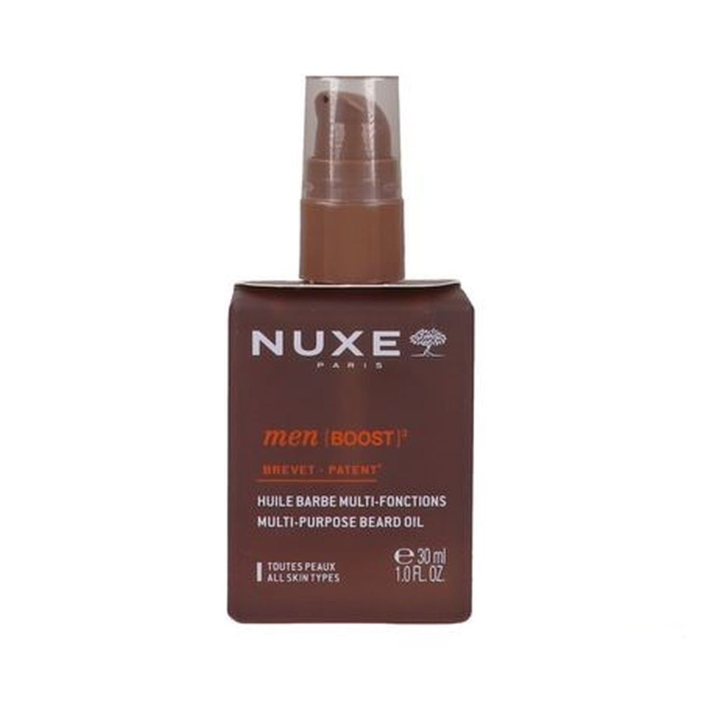 Flacon marron avec pompe. Nom du produit et logo. Texte: Huile Barbe Multi-Fonctions.