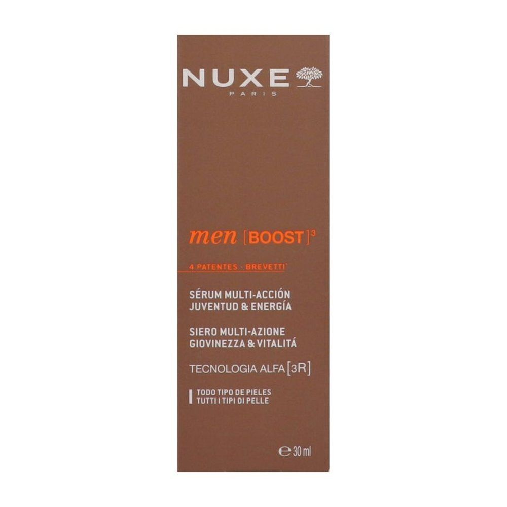 Emballage carton. Inscription: Nuxe, men | BOOST, Sérum Multi-Actions Jeunesse & Energie, 30 ml.