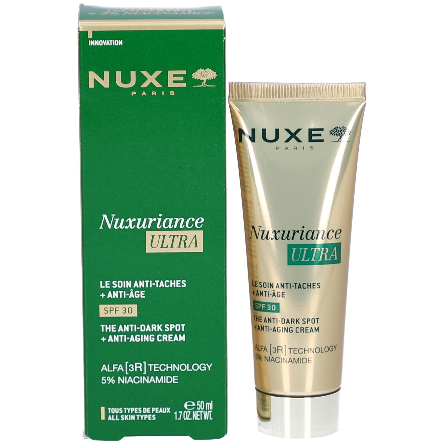 Produit et emballage. Boîte verte et tube doré. Inscriptions: Nuxe, Nuxuriance Ultra, SPF 30.