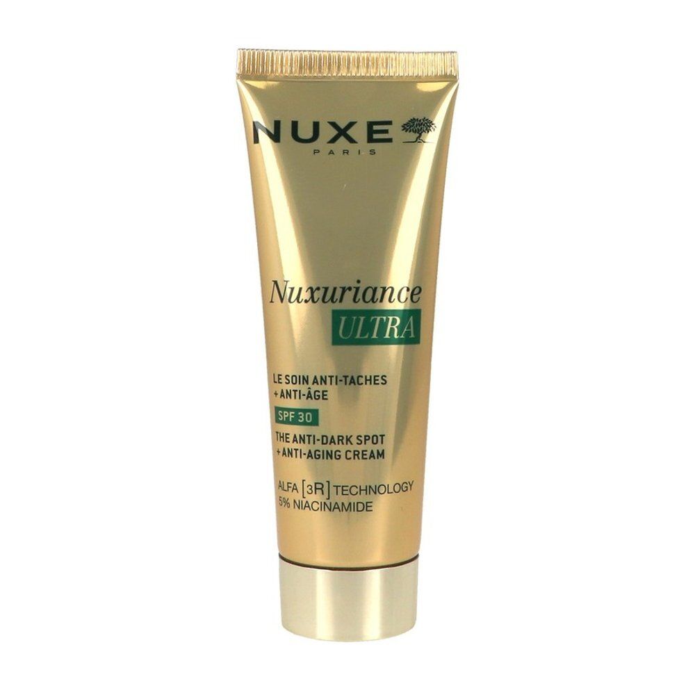 Arrière du tube de crème Nuxe Nuxuriance Ultra SPF30 avec instructions.