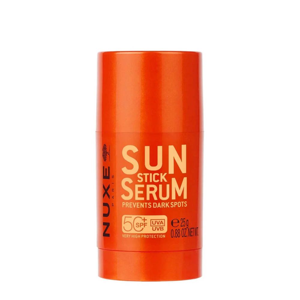Stick orange avec SUN STICK SERUM SPF50+. Contient 25g. Marque Nuxe.