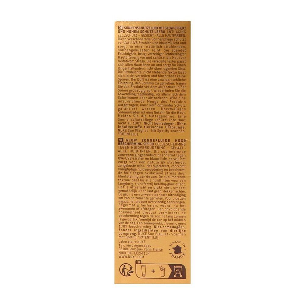 Côté de la boîte de fluide solaire Nuxe Sun SPF 30 avec informations détaillées.