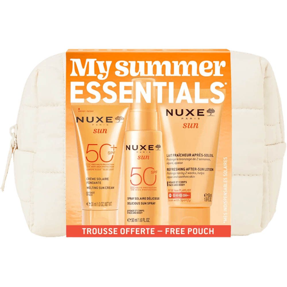 Coffret de soins solaires. Contient crème solaire, spray solaire et lotion après-soleil. Présenté dans une trousse de toilette.