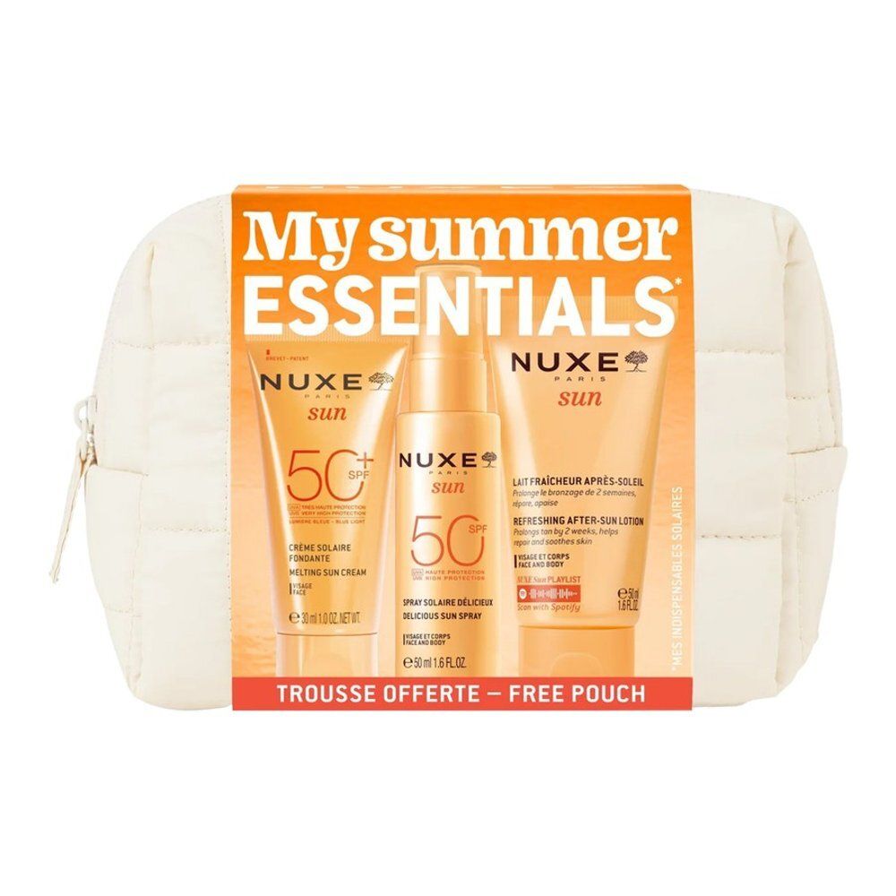 Set Nuxe Mes Essentiels d'Été : crème solaire, spray solaire et lait après-soleil dans une trousse.