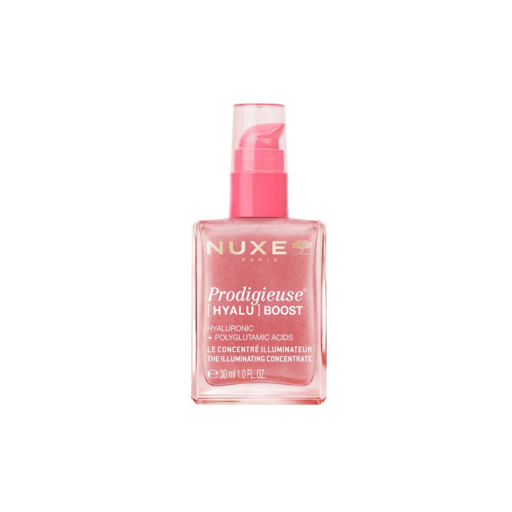 Flacon NUXE Prodigieuse [HYALU] Boost avec pompe. Liquide rose visible. Ingrédients : acide hyaluronique, acide polyglutamique.