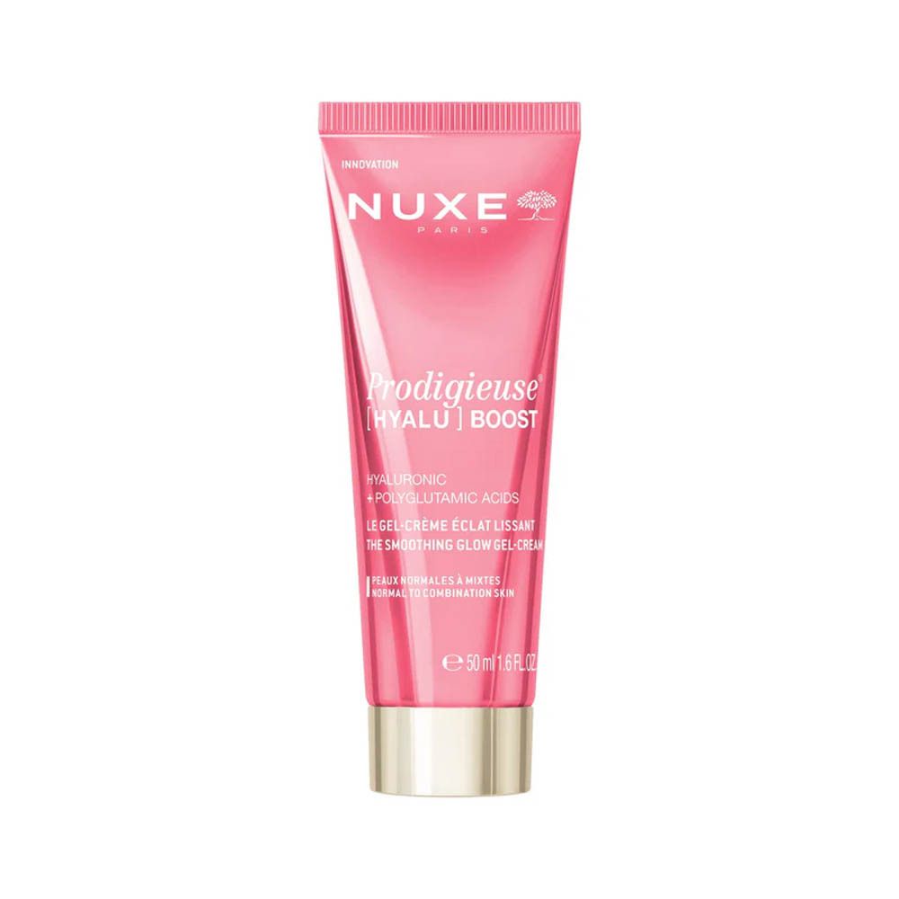 Tube rose avec bouchon doré. Inscription: NUXE, Prodigieuse Boost, Gel-Crème Éclat Lissant. Contenance: 50 ml.