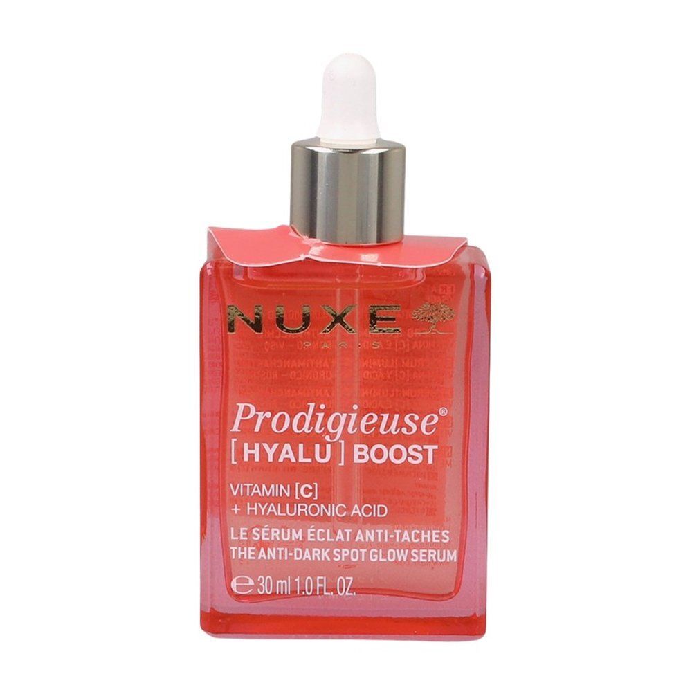 Dos Nuxe Prodigieuse [Hyalu] Boost Serum flacon. 96% d'ingrédients d'origine naturelle. Vegan.