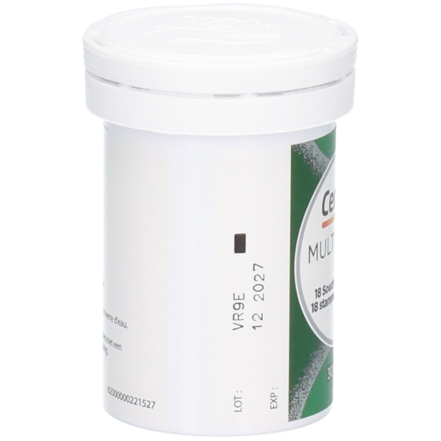 Flacon blanc avec couvercle. Étiquette avec informations produit. Inscription: Centrum Multibiotics Plus.