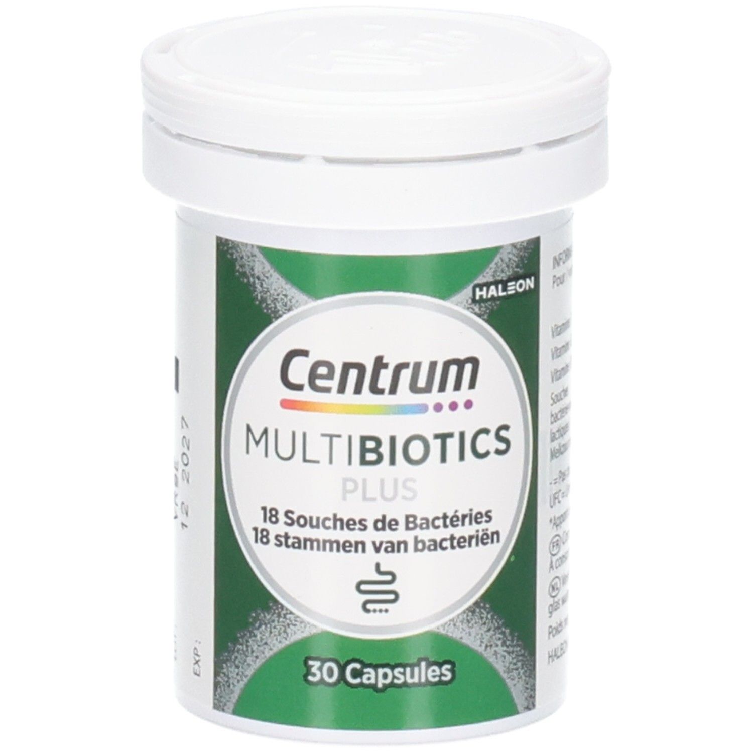 Flacon blanc avec couvercle. Étiquette avec informations produit. Inscription: Centrum Multibiotics Plus, 30 gélules.