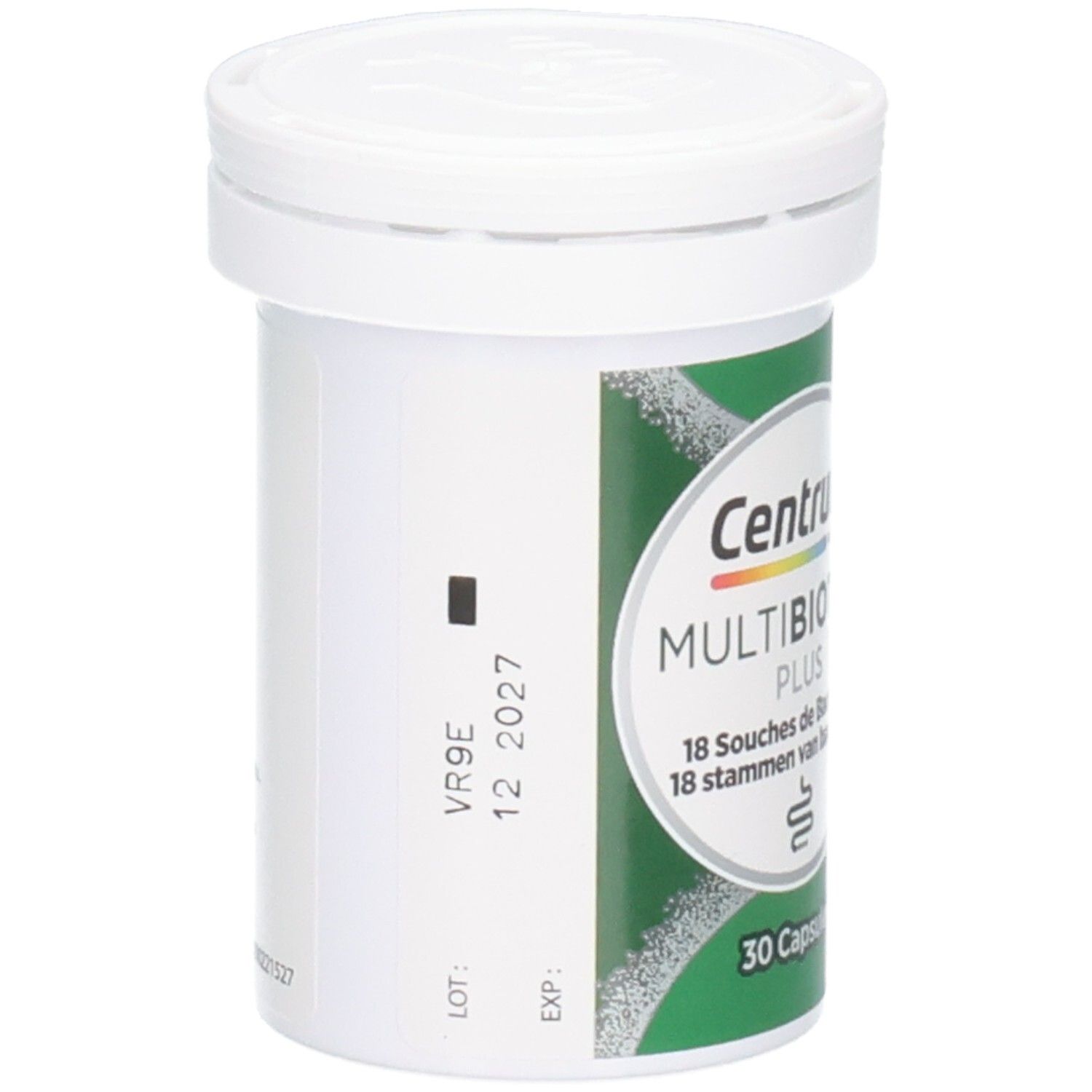 Flacon blanc avec couvercle. Étiquette avec informations produit. Inscription: Centrum Multibiotics Plus, 30 gélules.