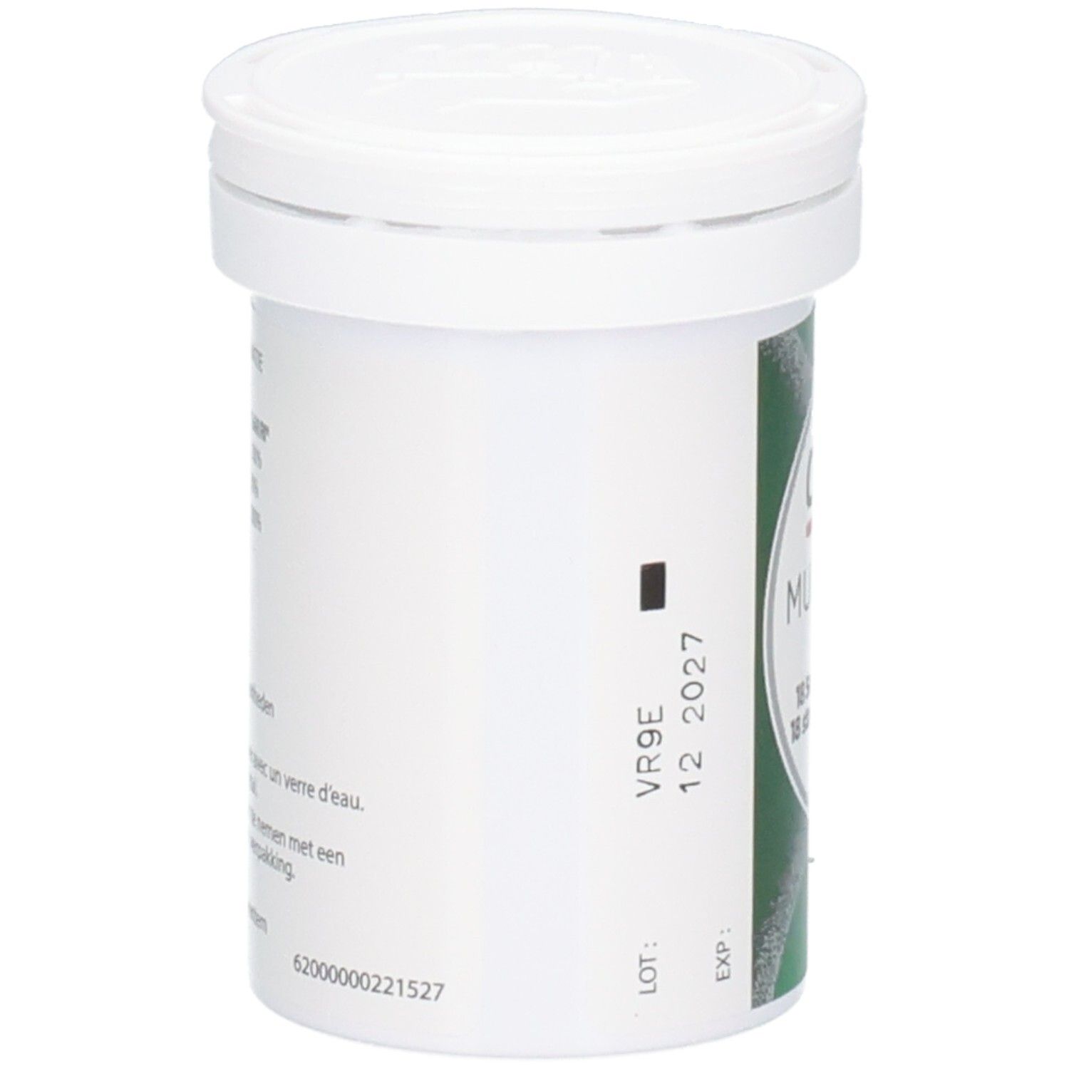 Flacon blanc avec couvercle. Étiquette avec informations produit. Inscription: Centrum Multibiotics Plus.