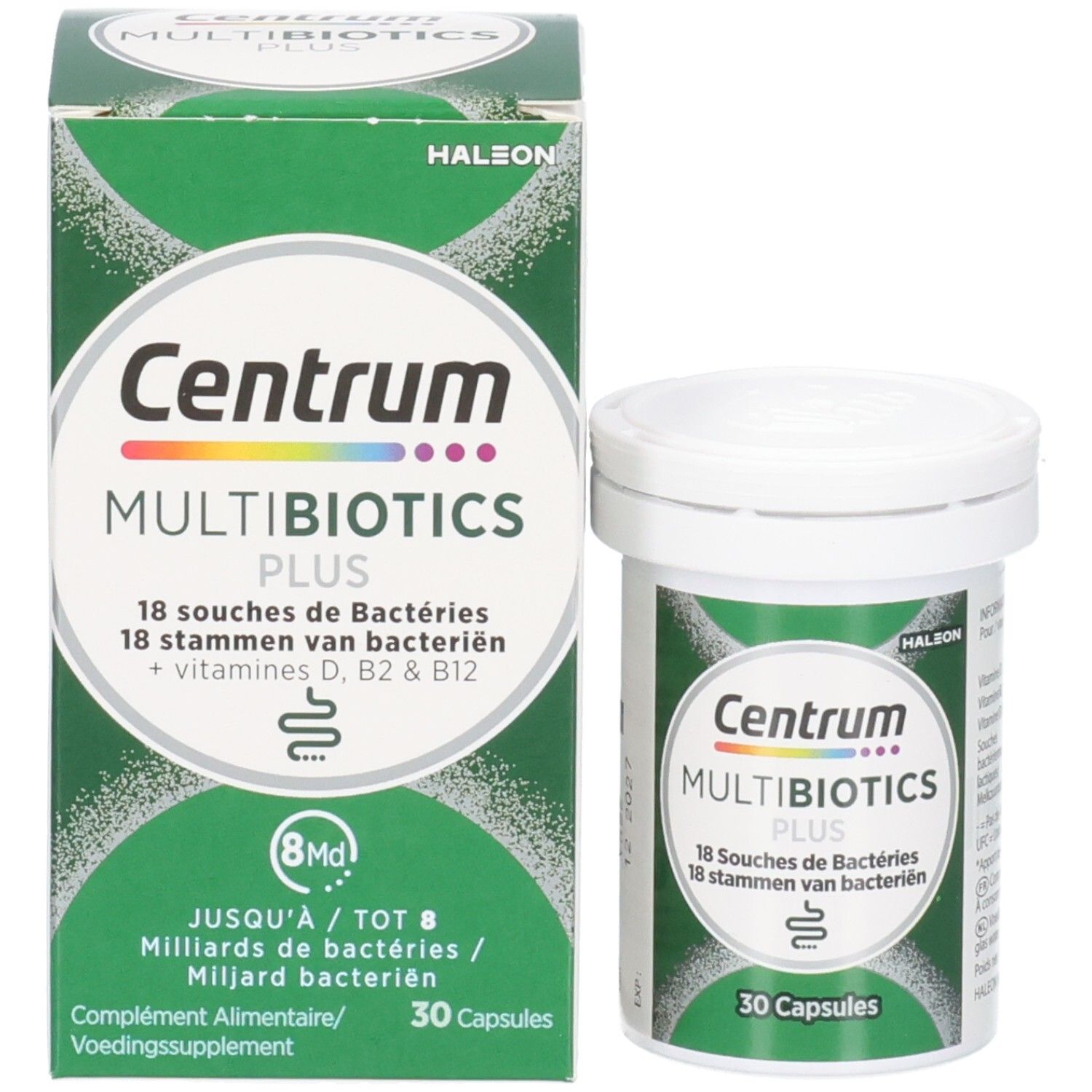 Emballage et flacon. Inscription: Centrum Multibiotics Plus, 30 gélules. Emballage vert.