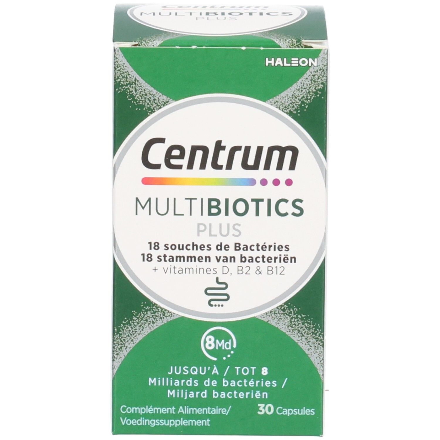 Emballage du produit. Inscription: Centrum Multibiotics Plus, 30 gélules. Emballage vert.