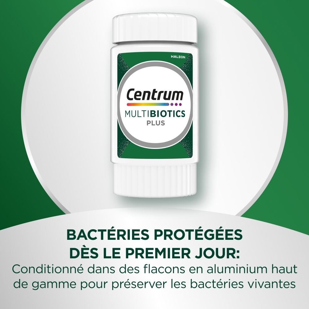 Contenant Centrum MultiBiotics Plus avec informations nutritionnelles et instructions.
