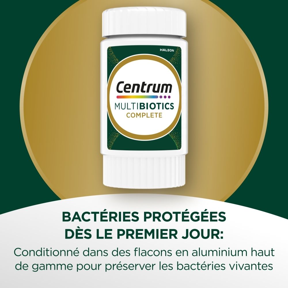 Flacon Centrum MultiBiotics Complete avec informations nutritionnelles et posologie.