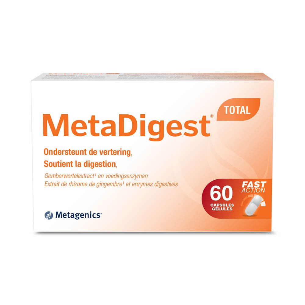 Emballage MetaDigest Total. Ingrédients et certifications. Sans gluten, lactose, végétarien.