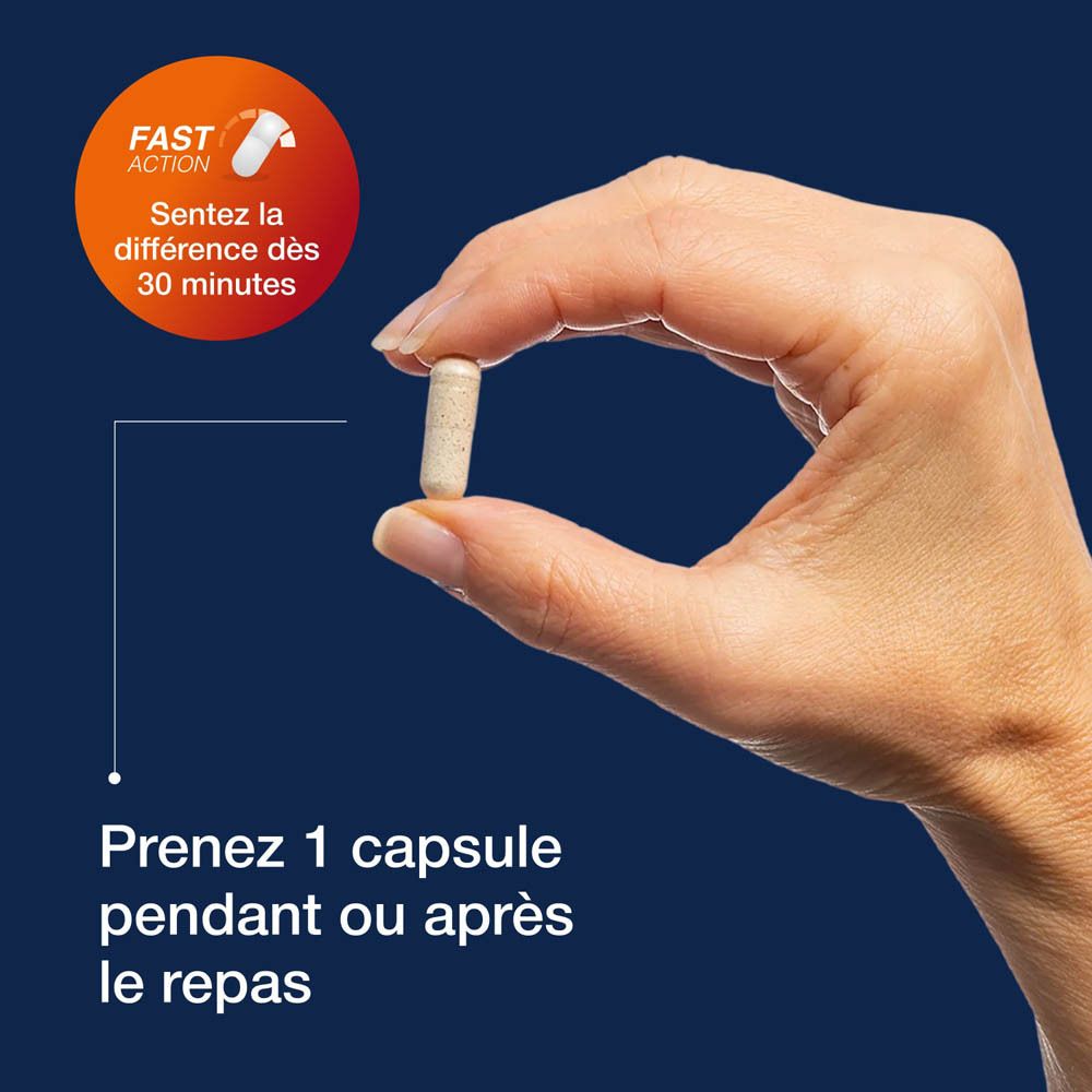 Main tenant une gélule. Texte: Prendre 1 gélule pendant ou après le repas.