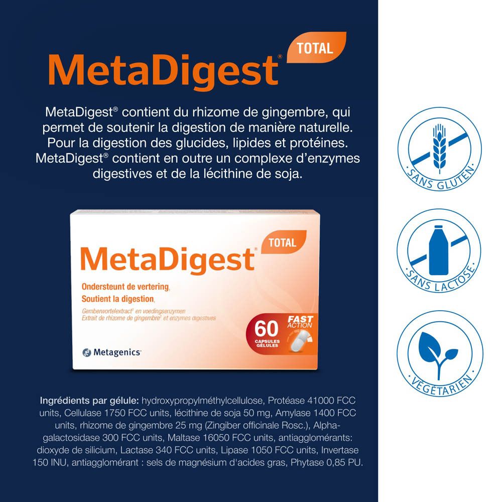 Emballage MetaDigest Total. Ingrédients et certifications. Sans gluten, lactose, végétalien.