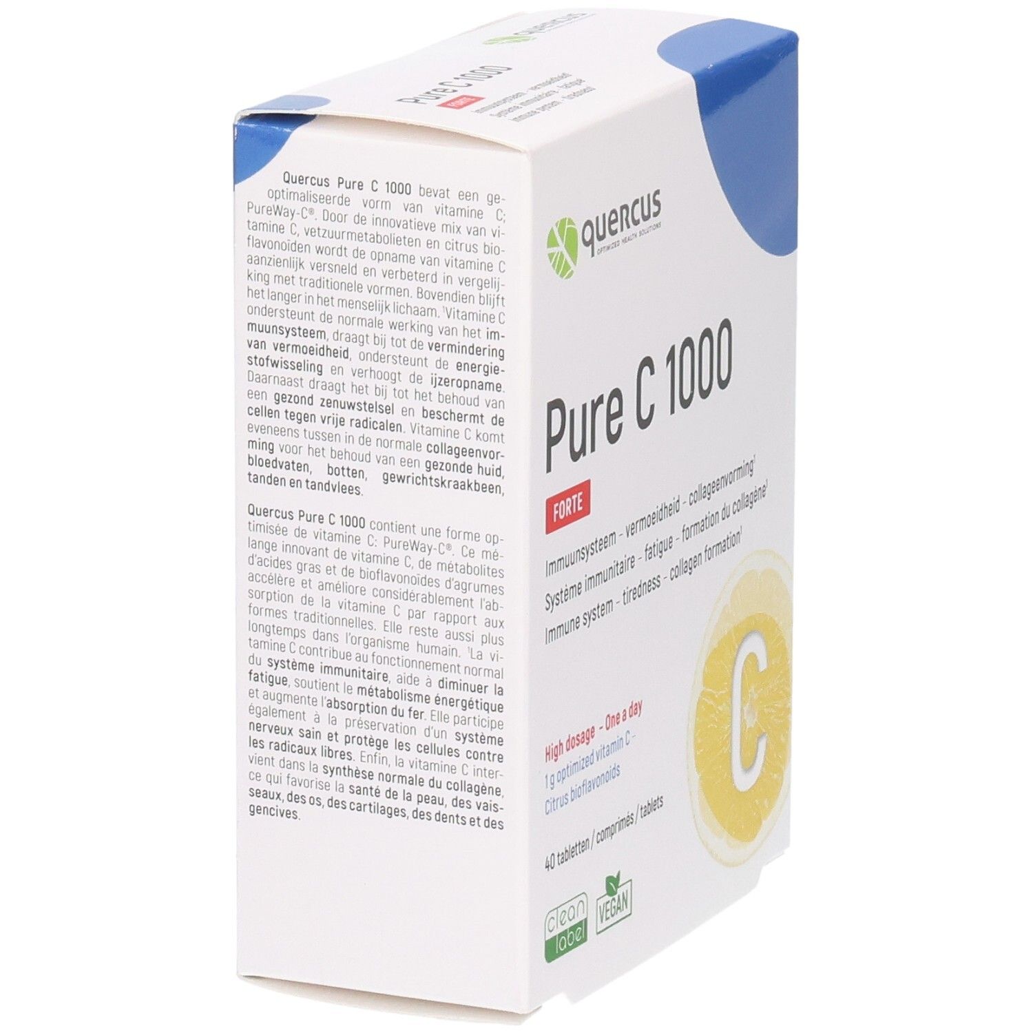 Emballage Quercus Pure C 1000 Forte. Texte sur le côté. Logo et nom du produit. Label Vegan.