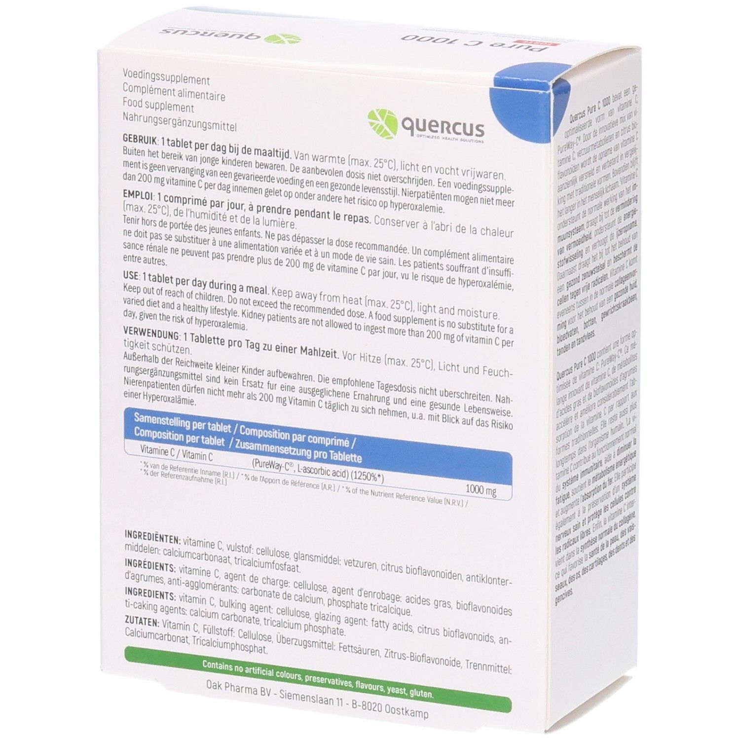 Dos de l'emballage Quercus Pure C 1000 Forte. Ingrédients et dosage. Texte multilingue.