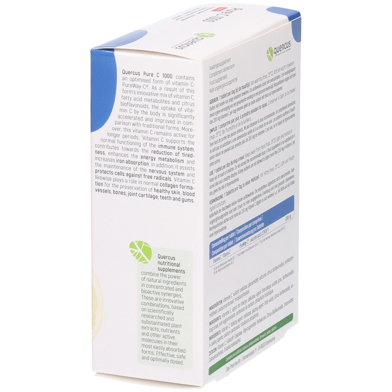 Emballage Quercus Pure C 1000 Forte. Texte et logo. Informations nutritionnelles. Vue en angle.