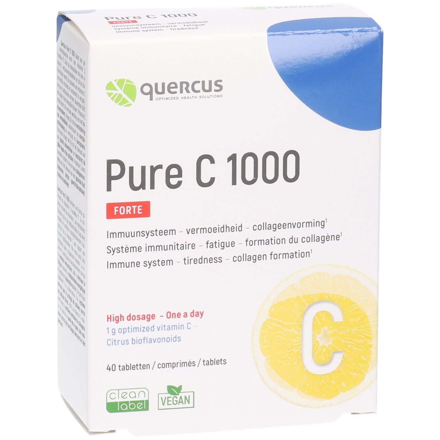 Emballage Quercus Pure C 1000 Forte. Vue de face. Nom du produit et logo. Label Vegan.