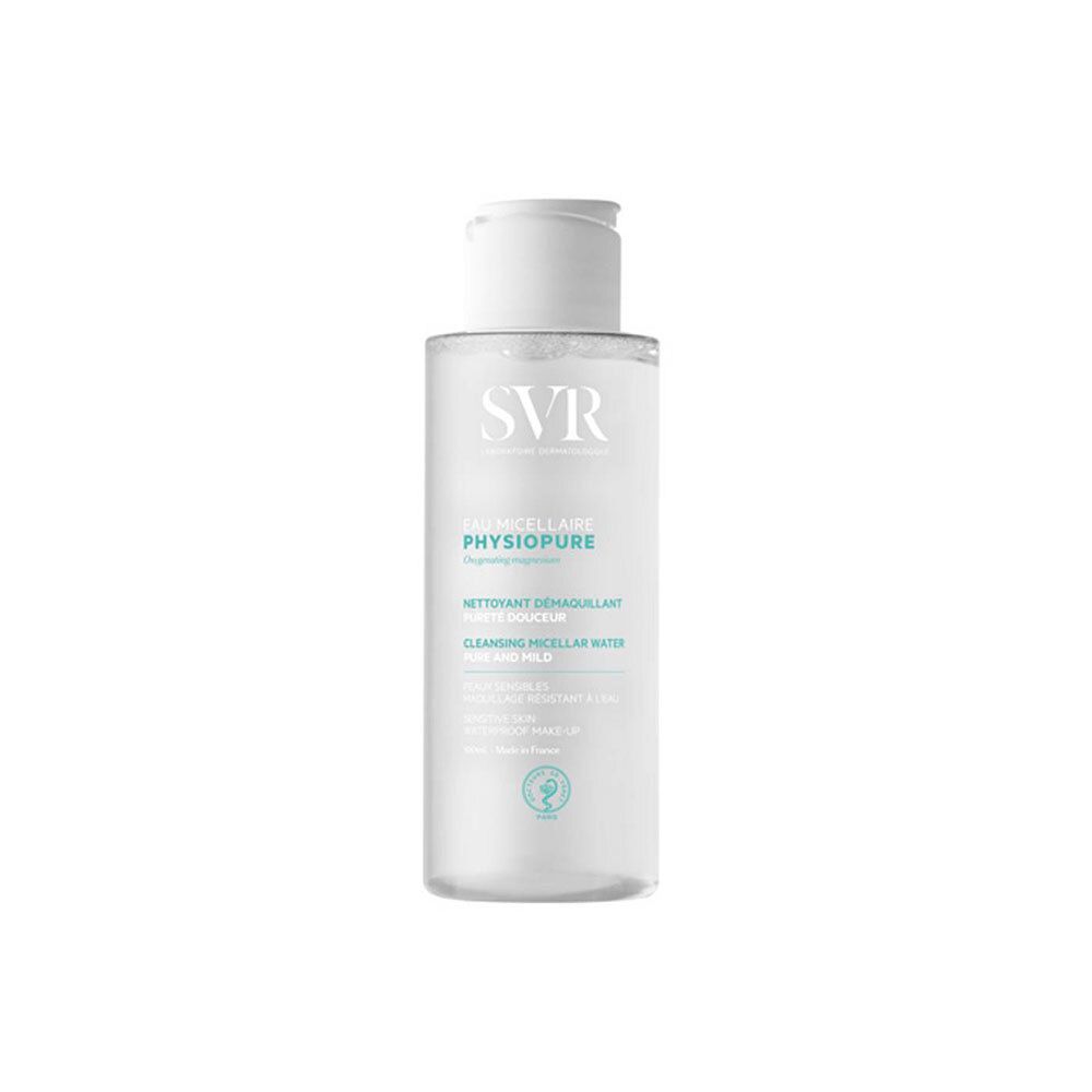 Flacon cylindrique avec bouchon blanc. Inscription: SVR Eau Micellaire Physiopure. Eau micellaire nettoyante. 100 ml.
