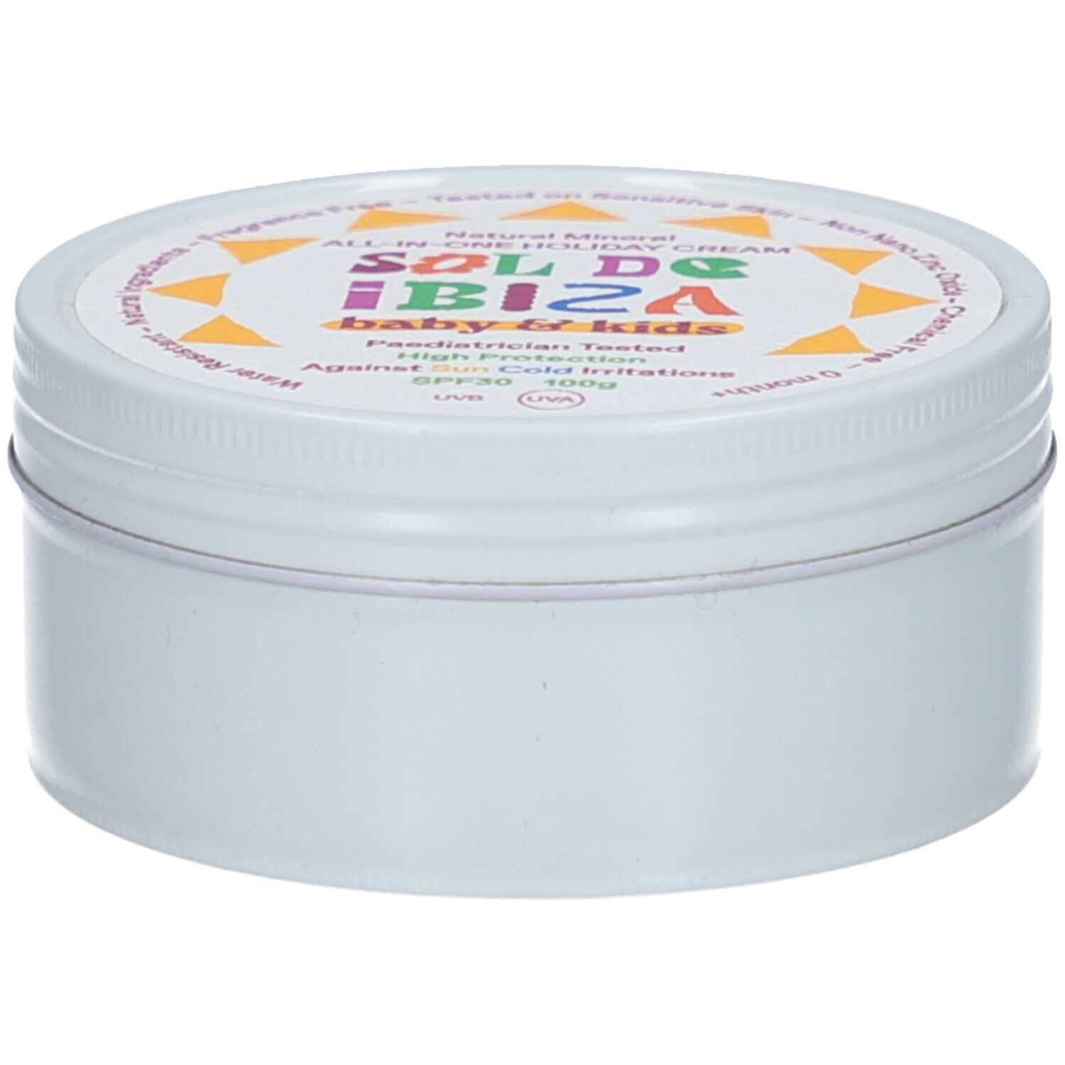 Boîte ronde blanche avec couvercle. Sur le couvercle, "SOL DE IBIZA baby & kids". Texte: SPF30, 100g.