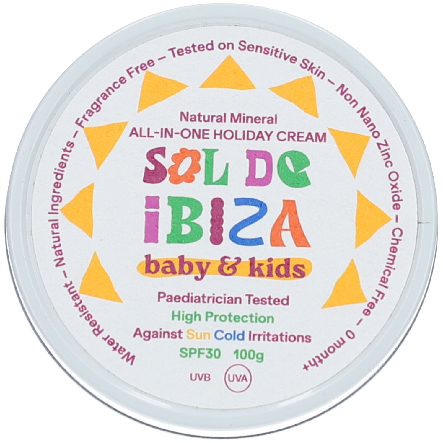 Vue de dessus du couvercle d'une boîte blanche. Inscription : "SOL DE IBIZA baby & kids". Texte : SPF30, 100g.