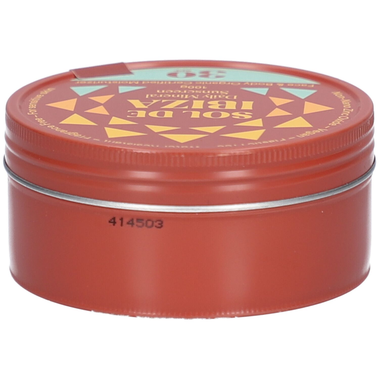 Boîte ronde marron avec couvercle. Inscription SOL DE IBIZA, Daily Mineral Sunscreen, SPF 30. Autocollant. Code en dessous.