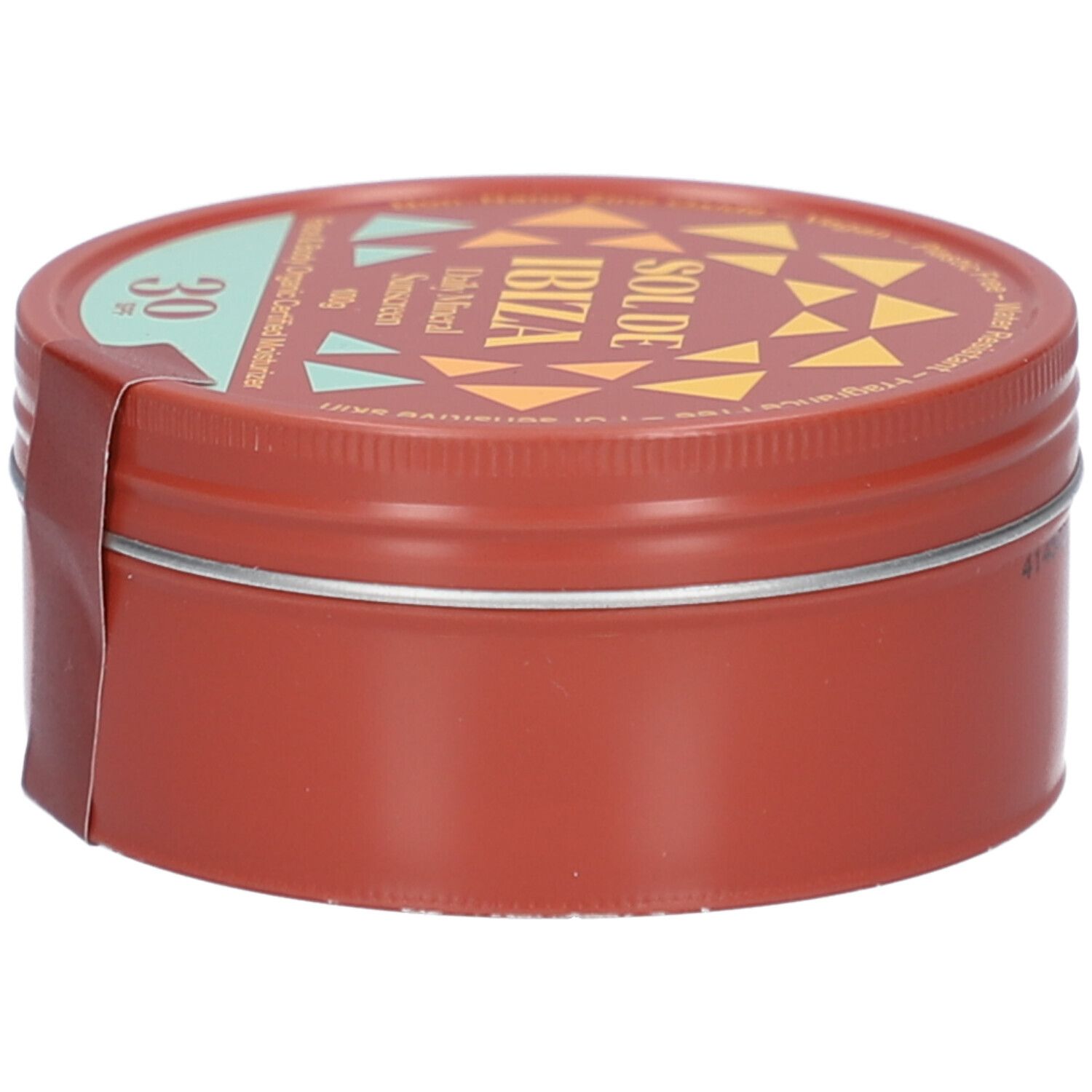 Boîte ronde marron avec couvercle. Inscription SOL DE IBIZA, Daily Mineral Sunscreen, SPF 30. Autocollant avec informations.