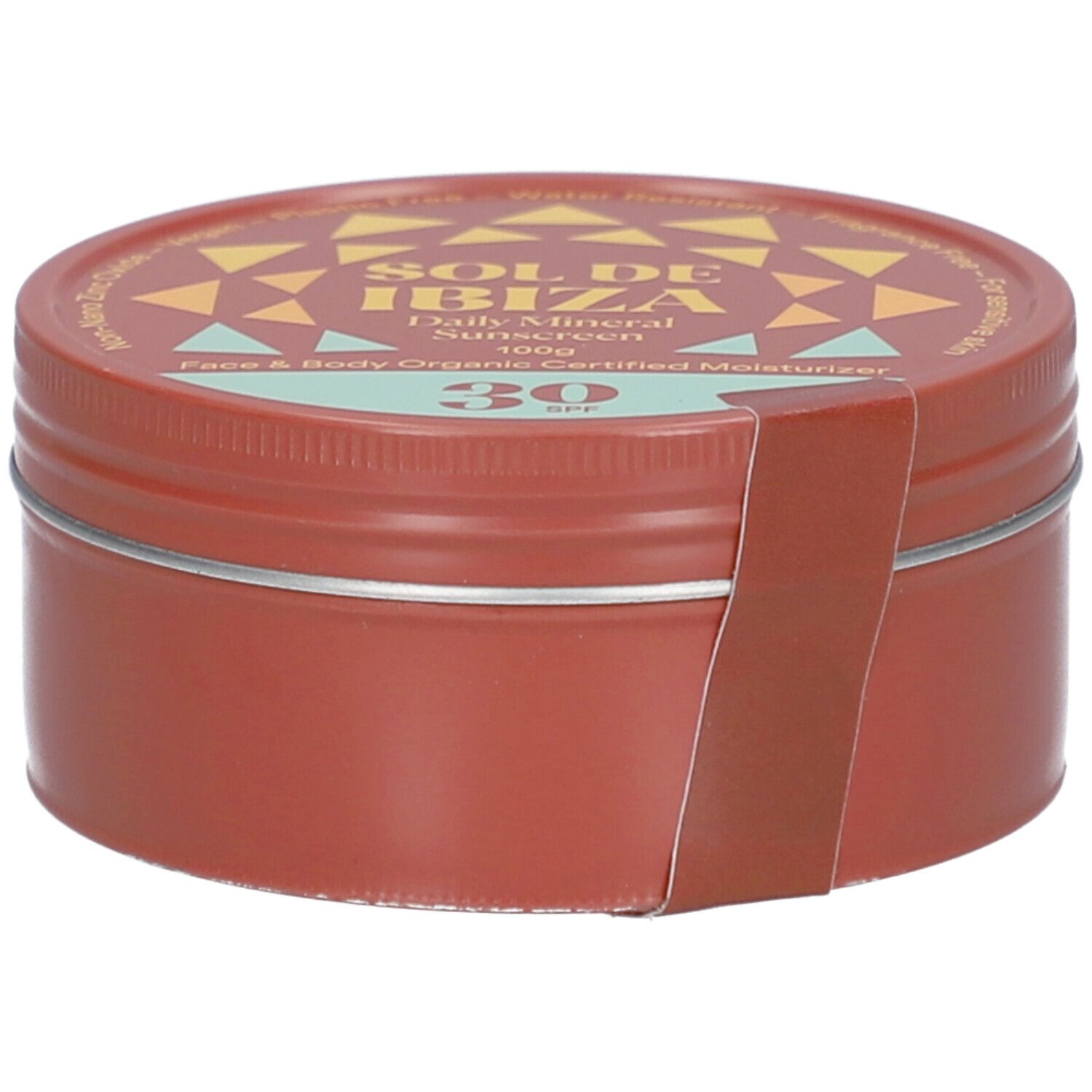 Boîte ronde marron avec couvercle. Inscription SOL DE IBIZA, Daily Mineral Sunscreen, SPF 30. Autocollant avec informations.