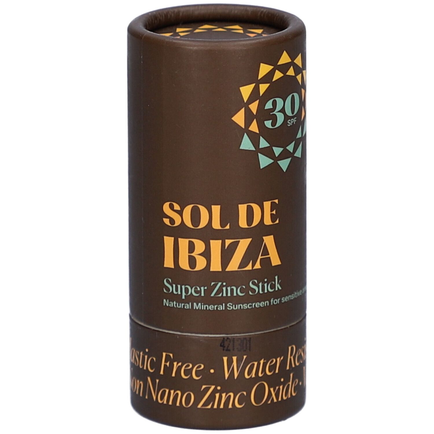 Emballage cylindrique marron. Inscription: SOL DE IBIZA, Super Zinc Stick, SPF30. Texte: Plastic Free, Water Resistant, Non Nano Zinc Oxide.