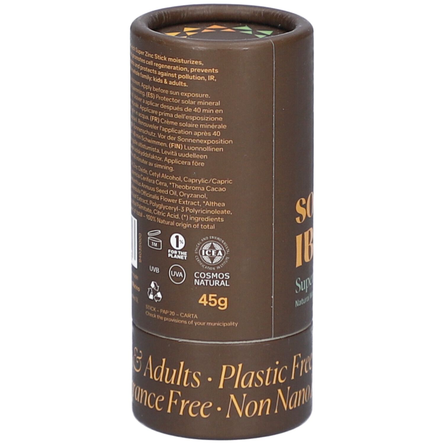 Emballage cylindrique marron. Texte et ingrédients. Inscription: 45g, COSMOS NATURAL. Logos: UVA, UVB, IHTA, COSMOS NATURAL.