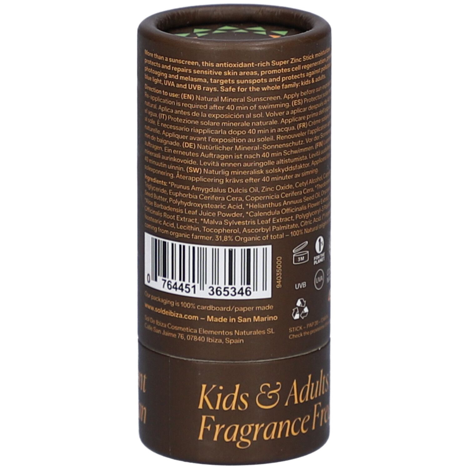 Emballage cylindrique marron. Texte et code-barres. Inscription: Kids & Adults, Fragrance Free. Texte: 100% cardboard/paper made.