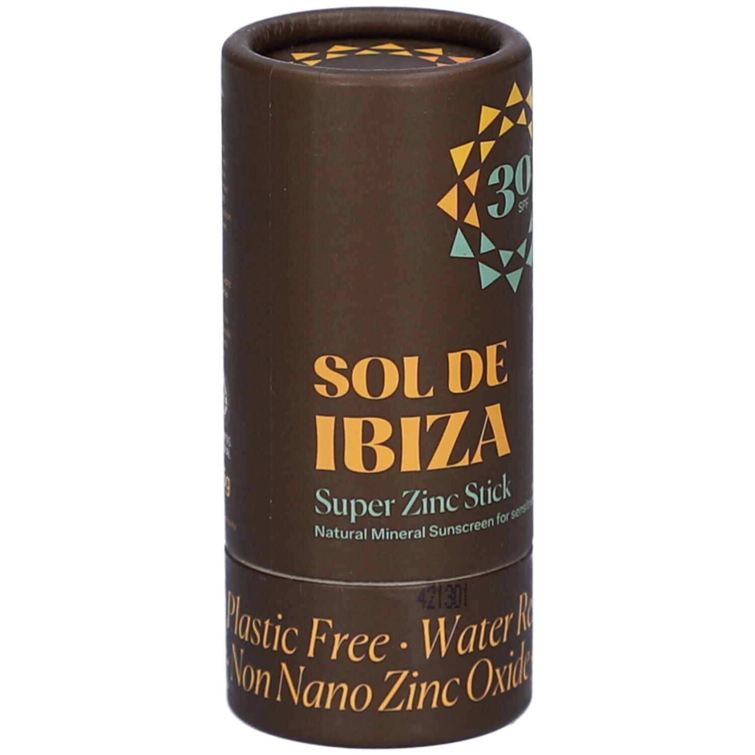 Emballage cylindrique marron. Inscription: SOL DE IBIZA, Super Zinc Stick, SPF30. Texte: Plastic Free, Water Resistant, Non Nano Zinc Oxide.
