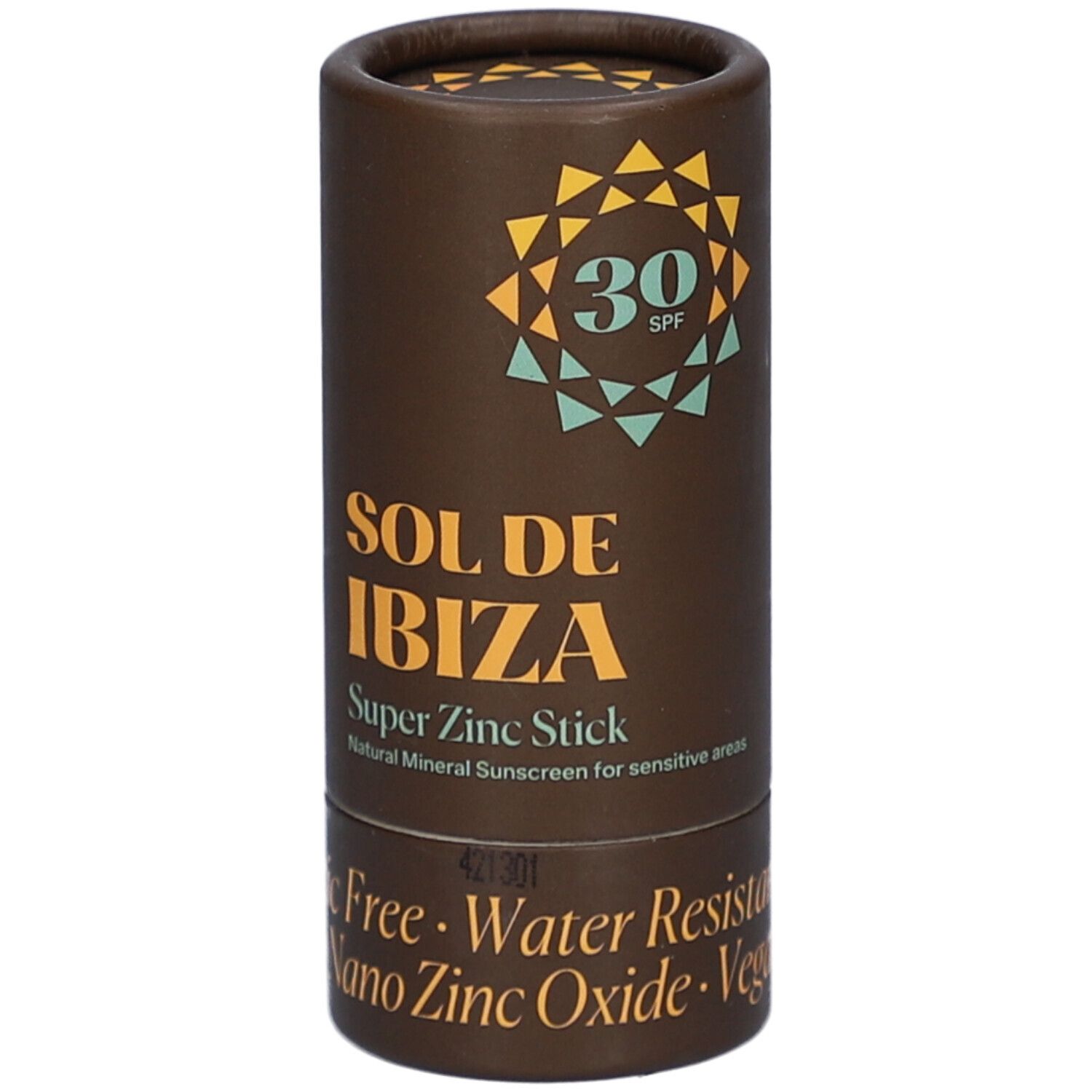 Emballage cylindrique marron. Inscription: SOL DE IBIZA, Super Zinc Stick, SPF30. Texte: Plastic Free, Water Resistant, Non Nano Zinc Oxide, Vegan.