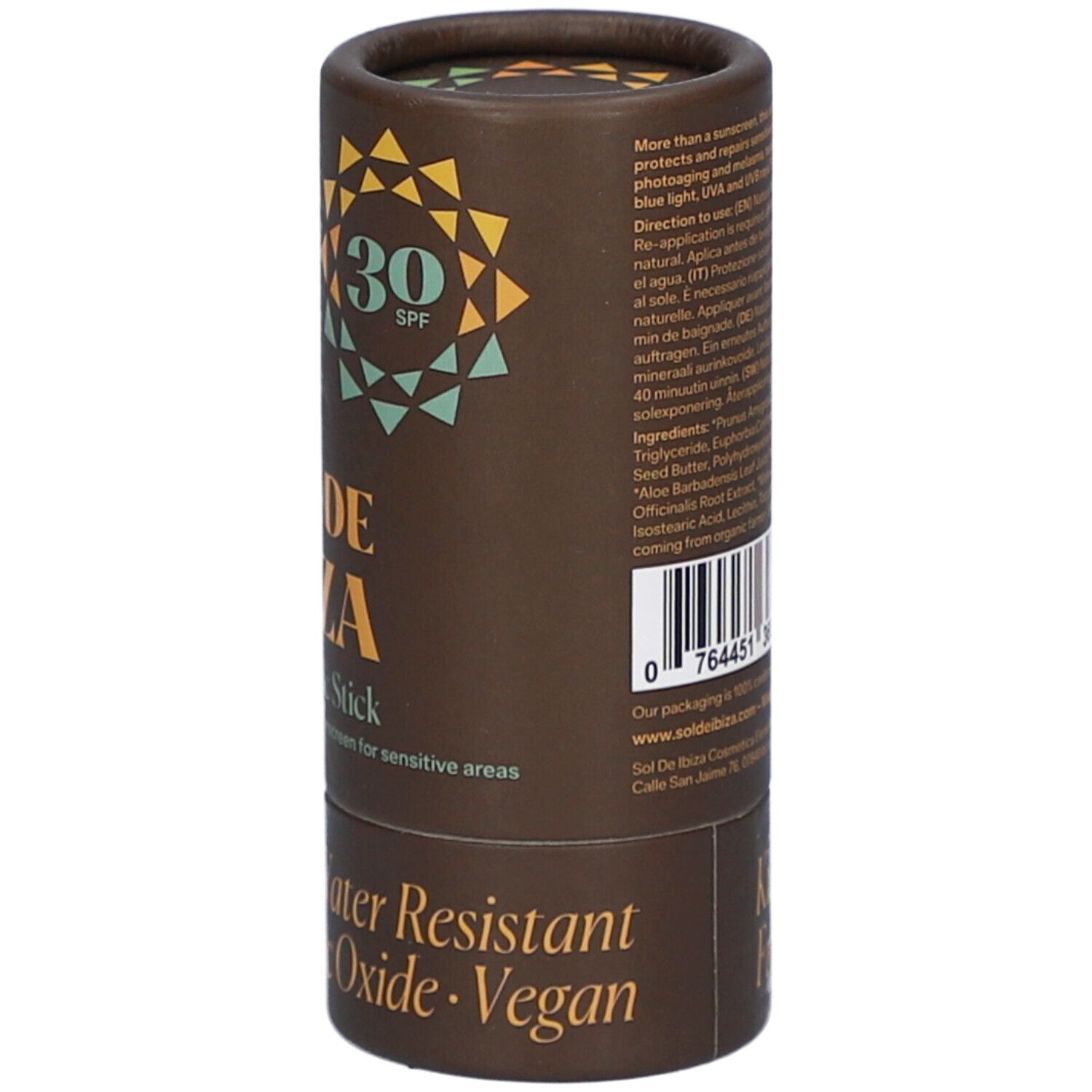 Emballage cylindrique marron. Inscription: SOL DE IBIZA, Super Zinc Stick, SPF30. Texte et code-barres. Texte: Water Resistant, Non Nano Zinc Oxide, Vegan.