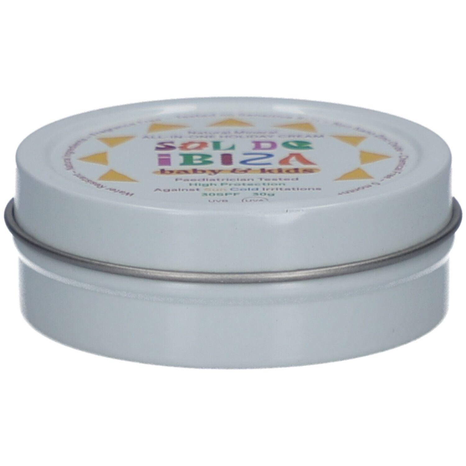 Boîte ronde blanche avec couvercle. Inscription Sol de Ibiza baby & kids. Texte et logo multicolores. Bord métallique.