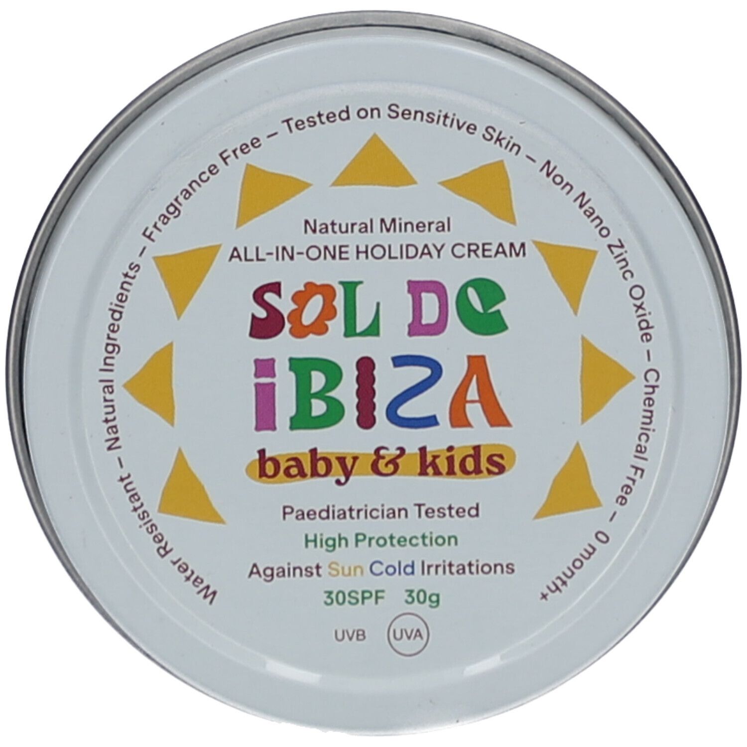 Boîte avec couvercle, inscription Sol de Ibiza baby & kids. Texte : Natural Mineral, All-in-one Holiday Cream, 30SPF, 30g. Triangles jaunes.