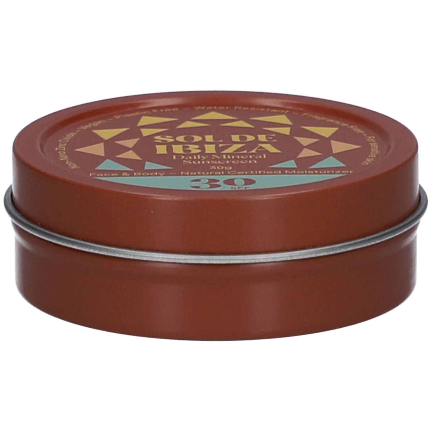 Boîte ronde marron avec couvercle. Inscription : Sol de Ibiza, SPF30. Pour visage et corps. Résistant à l'eau.