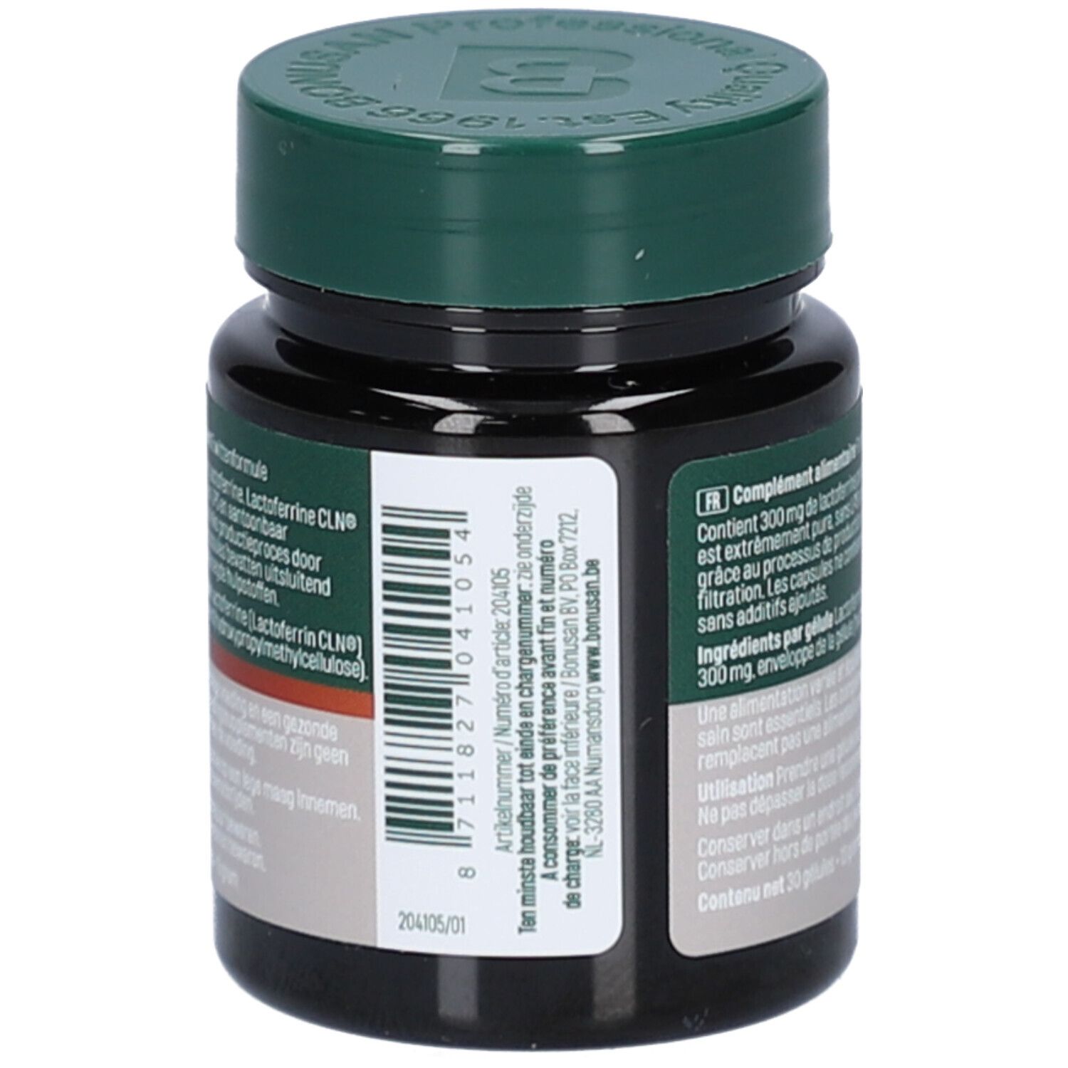 Dos du flacon. Texte: Complément alimentaire. Numéro de lot et informations du fabricant.